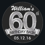 Adesivo Redondo Vinhetas de aniversário do Diamond 60th Birthday |<br><div class="desc">Vinhetas de aniversário do Diamond 60th Birthday | Preto e Prata para um homem ou uma mulher que comemora com um marco de sessenta cesta!</div>