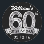 Adesivo Redondo Vinhetas de aniversário do Diamond 60th Birthday |<br><div class="desc">Vinhetas de aniversário do Diamond 60th Birthday | Preto e Prata para um homem ou uma mulher que comemora com um marco de sessenta cesta!</div>