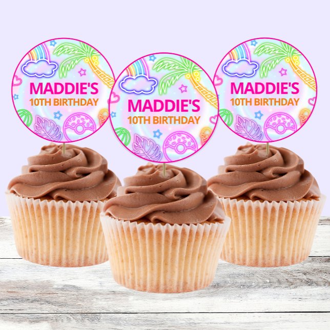 Adesivo Redondo Vinhetas de aniversário do Neon Piscina Party (Criador carregado)