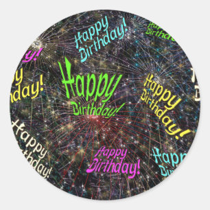 Adesivo Redondo Vinhetas de Aniversário Feliz Firecrackl