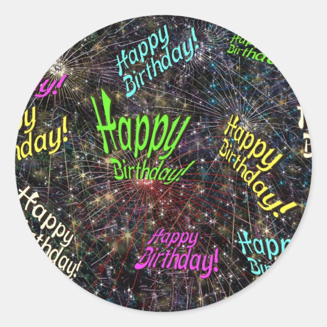 Adesivo Redondo Vinhetas de Aniversário Feliz Firecrackl (Frente)
