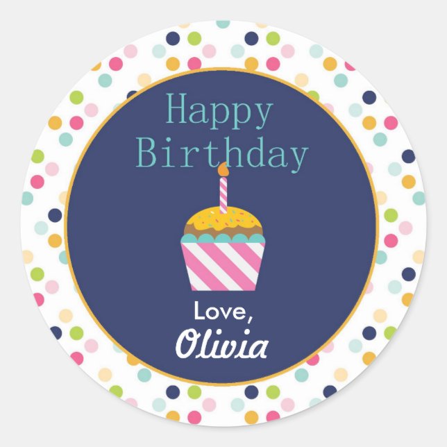 Adesivo Redondo Vinhetas de aniversário personalizadas da Bolinhas (Frente)