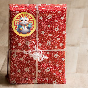 Adesivo Redondo Vinhetas de Ano Novo de Gato da Fortuna