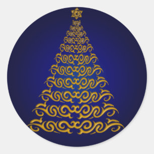 Adesivo Redondo Vinhetas de Árvore de Natal Azul Elegante