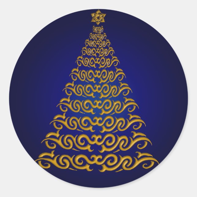 Adesivo Redondo Vinhetas de Árvore de Natal Azul Elegante (Frente)