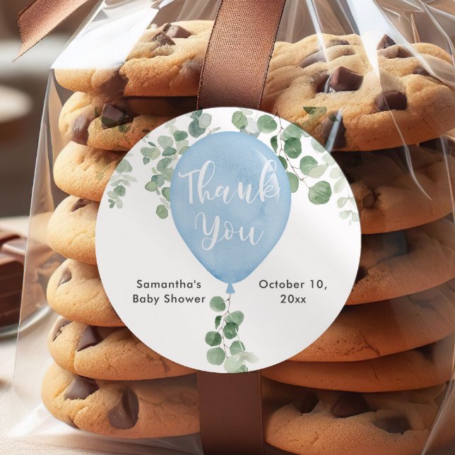 Adesivo Redondo Vinhetas de bebê do balão de eucalipto verde azul (Criador carregado)