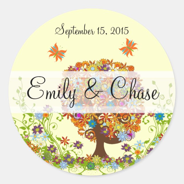 Adesivo Redondo Vinhetas de Casamento de Árvores de Amor Flor (Frente)