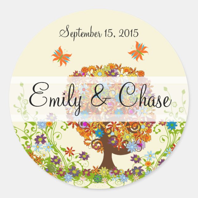 Adesivo Redondo Vinhetas de Casamento de Árvores de Amor Flor (Frente)