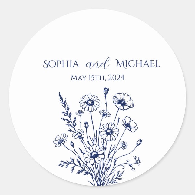 Adesivo Redondo Vinhetas de Casamento de Flores Selvagens (Frente)
