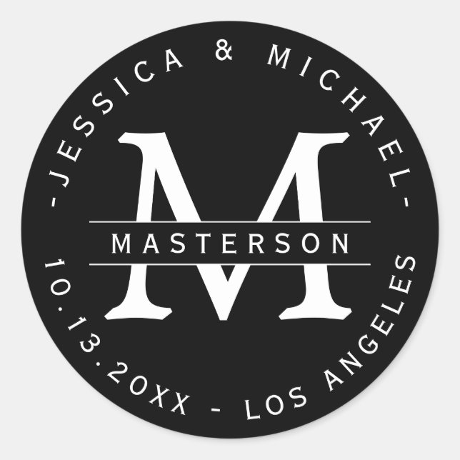 Adesivo Redondo Vinhetas de Casamento de Monograma Clássico Negro  (Frente)