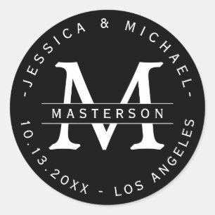 Adesivo Redondo Vinhetas de Casamento de Monograma Clássico Negro
