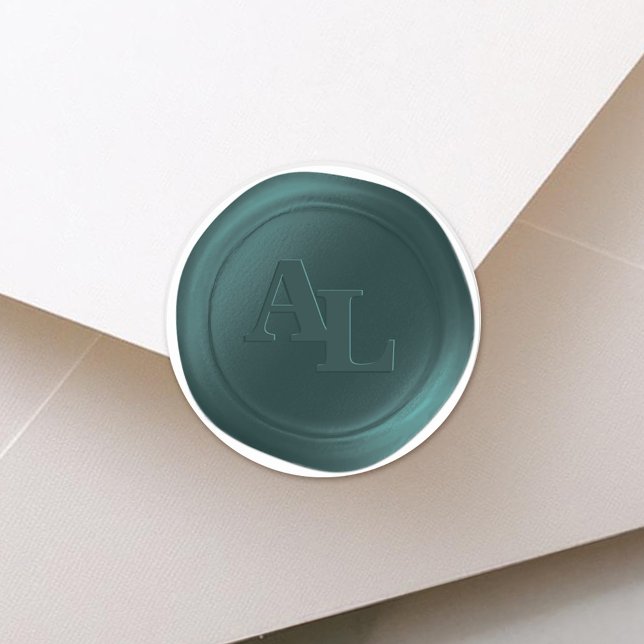 Adesivo Redondo Vinhetas de Casamento de Monograma de Seal de Teal (Elegant Dark Teal Monogram Wax Seal Wedding Stickers)
