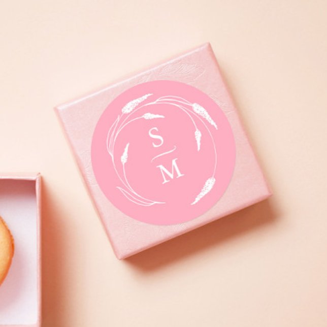 Adesivo Redondo Vinhetas de Casamento de Monograma Rosa (Wedding favor stickers monogram pink floral line art by  Victoria Grigaliunas of Do Tell A Belle)