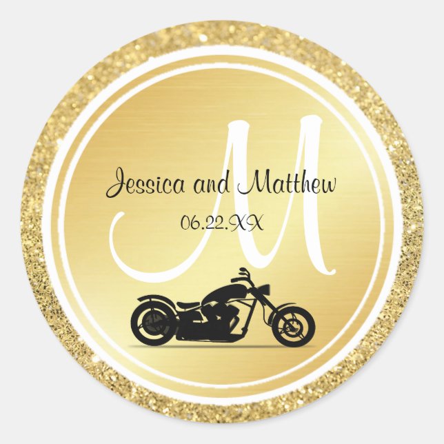 Adesivo Redondo Vinhetas de Casamento de Motocicletas com Monogram (Frente)