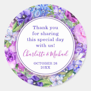 Adesivo Redondo Vinhetas De Casamento De Púrpura Floral De Paisley