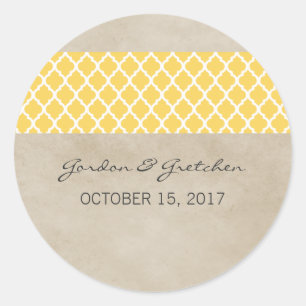 Adesivo Redondo Vinhetas de Casamento de Quatrefoil Russo Amarelo