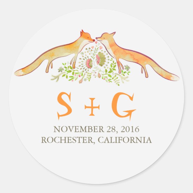 Adesivo Redondo Vinhetas de Casamento de Raposas (Frente)