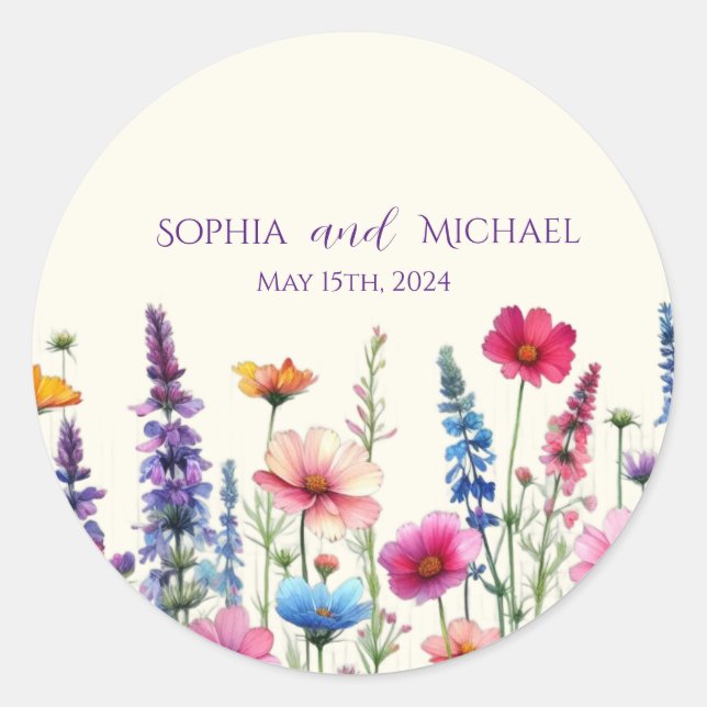 Adesivo Redondo Vinhetas de Casamento de Sinfonia de Flores Selvag (Frente)