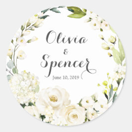 Adesivo Redondo Vinhetas de Casamento Floral de Rosas Brancas Verd