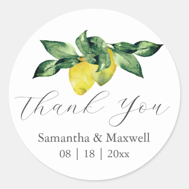 Adesivo Redondo Vinhetas De Casamento Obrigado Limões De Aquarela (Frente)