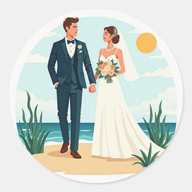 Adesivo Redondo Vinhetas de Casamento Oceanfront (Frente)