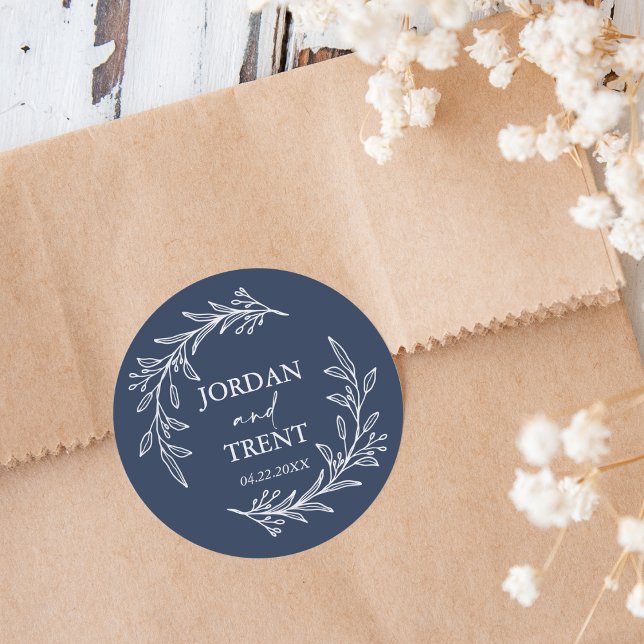 Adesivo Redondo Vinhetas de Casamento Personalizado Azul do Marinh (Criador carregado)