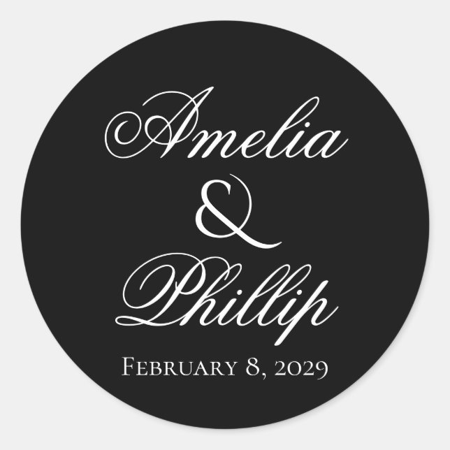 Adesivo Redondo Vinhetas de Casamento Preto e Branco Elegantes (Frente)