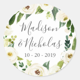 Adesivo Redondo Vinhetas De Casamento Verde De Flor Branco