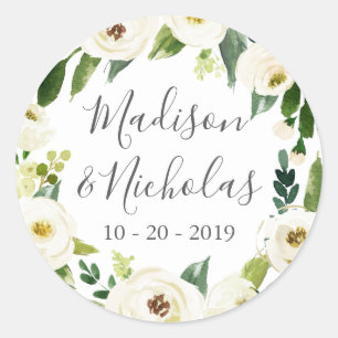 Adesivo Redondo Vinhetas De Casamento Verde De Flor Branco