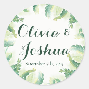 Adesivo Redondo Vinhetas de Casamento Verde Fern Watercolor