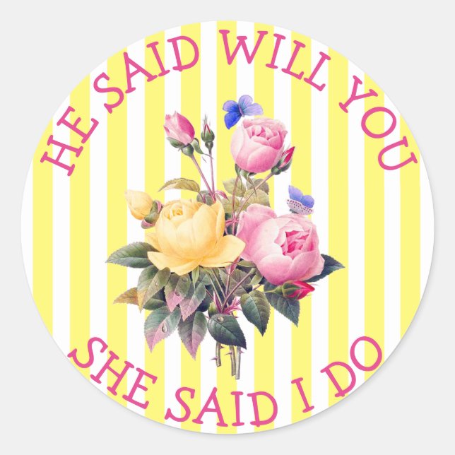 Adesivo Redondo Vinhetas de Convite para Casamento Chic Amarelo (Frente)