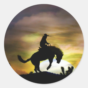 Adesivo Redondo Vinhetas de cowboy e Bucking cavalos
