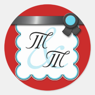 Adesivo Redondo Vinhetas de dois monogramas, Fita Preta e Vermelha