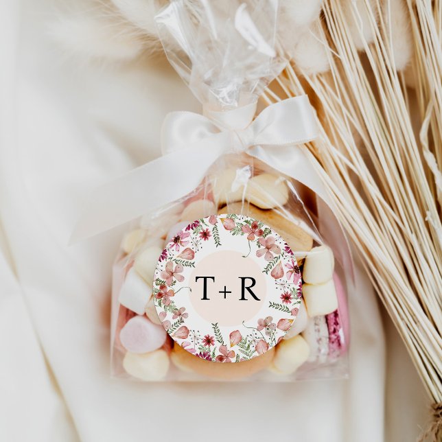 Adesivo Redondo Vinhetas de Envelope de Casamento Floral Monograma (Criador carregado)