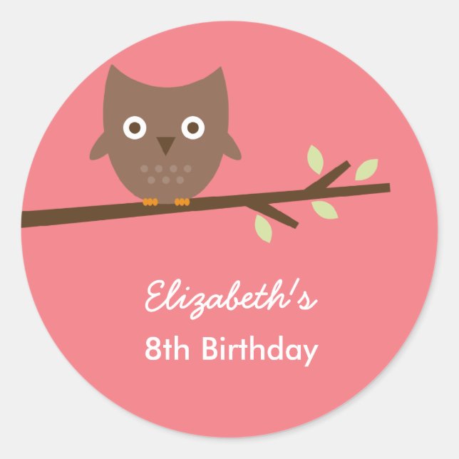 Adesivo Redondo Vinhetas De Favor De Coruja Doce (Rosa) (Frente)