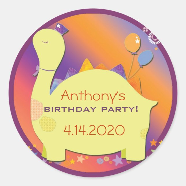 Adesivo Redondo Vinhetas de Festa de aniversário do Dinossauro do  (Frente)