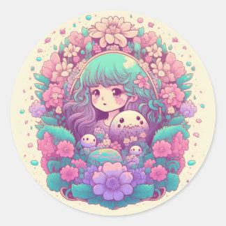 Adesivo Redondo Vinhetas de flores de animas Pastel kawaii