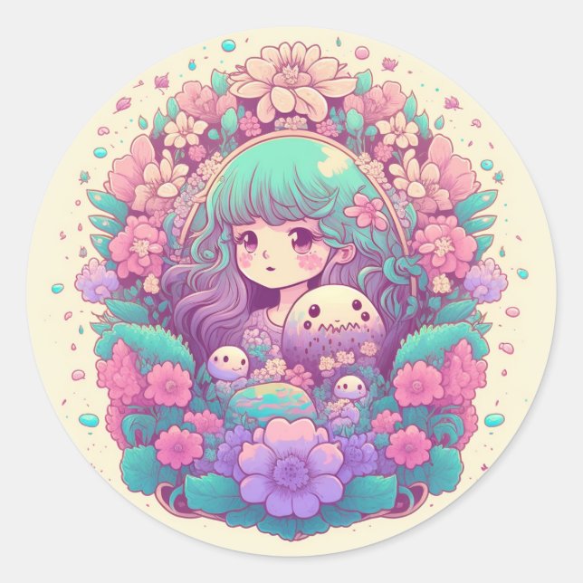 Adesivo Redondo Vinhetas de flores de animas Pastel kawaii (Frente)