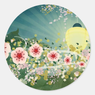 Adesivo Redondo Vinhetas de flores de cereja