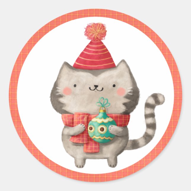 Adesivo Redondo Vinhetas de gato de Natal giro (Frente)