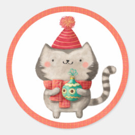 Adesivo Redondo Vinhetas de gato de Natal giro