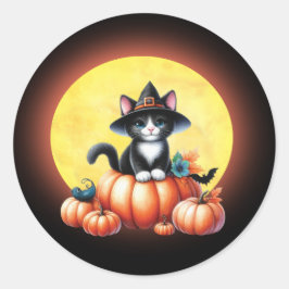 Adesivo Redondo Vinhetas de Gato de Tuxedo de Halloween
