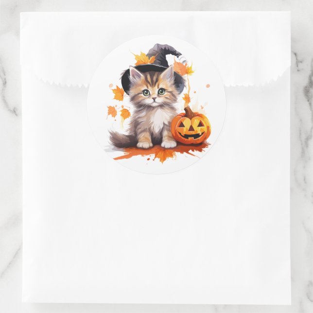 Adesivo Redondo Vinhetas de Kitten Halloween (Bolsa)