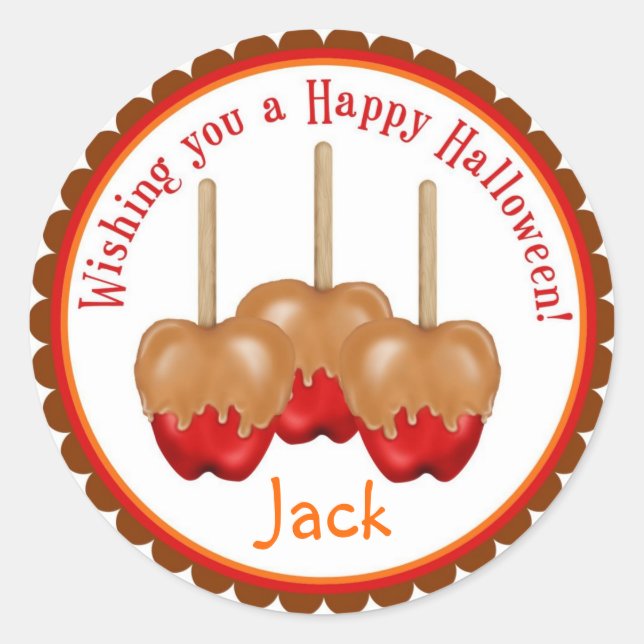 Adesivo Redondo Vinhetas de Maçãs de Caramelo para o Halloween (Frente)