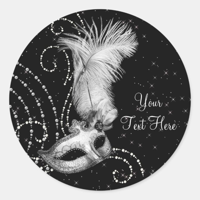 Adesivo Redondo Vinhetas de Mascarada de preto branco Elegante (Frente)