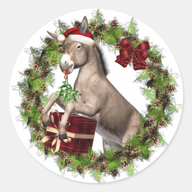 Adesivo Redondo Vinhetas de Natal de Papais noeis Donkey (Frente)