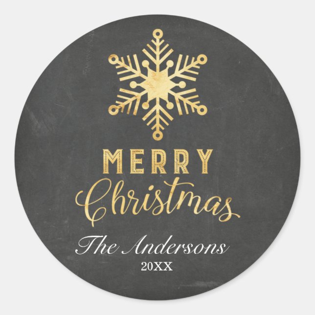 Adesivo Redondo Vinhetas de Natal Douradas em Floco de Neve (Frente)