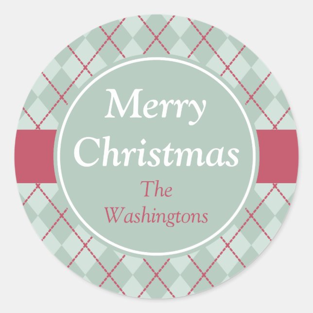 Adesivo Redondo Vinhetas de Natal Frosty Green Argyle (Frente)