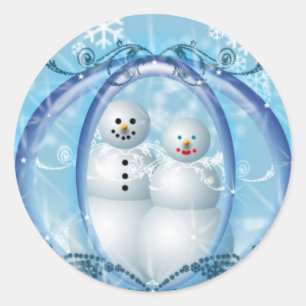 Adesivo Redondo Vinhetas de Natal Personalizadas de Casal de Neve