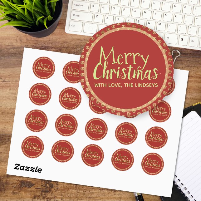 Adesivo Redondo Vinhetas de Natal Personalizadas, Flocos de Neve V (Merry Christmas red custom text stickers)